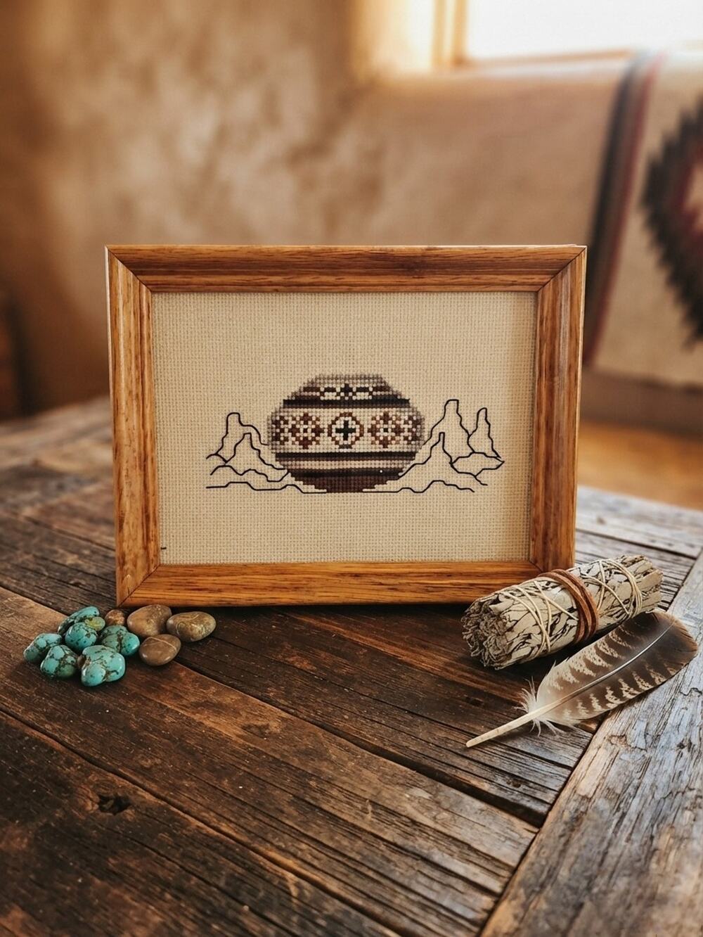 VTG Zuni Native Needlework Cross Stitch Embroidery SW Wall Art Framed 5X7